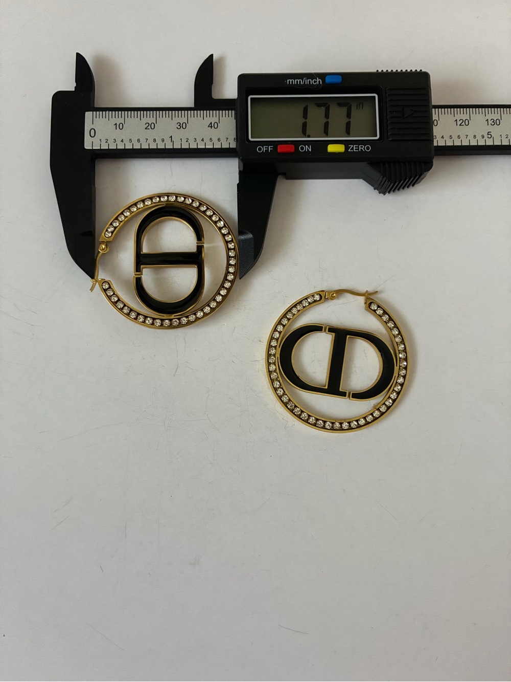 18K Gold Crystal Hoop Earrings with CD Motif - Picture 7 of 7